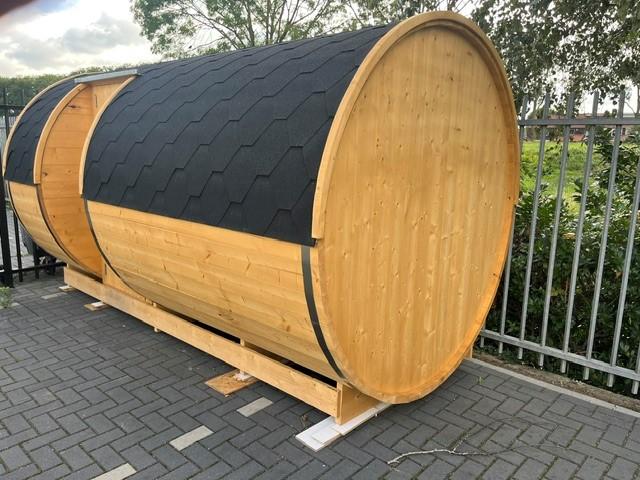 Barrelsauna 390 cm Thermowood grenen met ingebouwde RVS icetub – foto 5