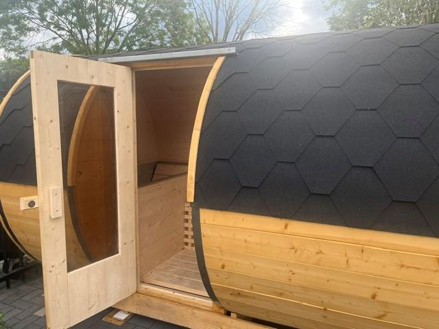 Barrelsauna 390 cm Thermowood grenen met ingebouwde RVS icetub – foto 6