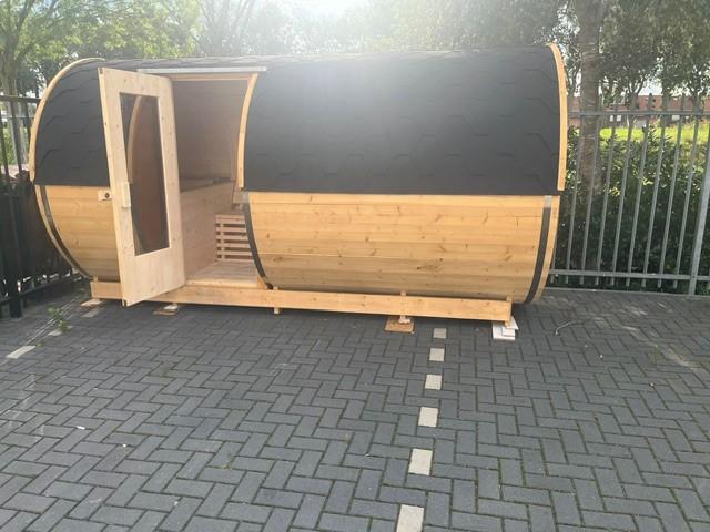 Barrelsauna 390 cm Thermowood grenen met ingebouwde RVS icetub – foto 7